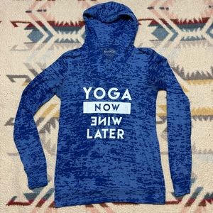 Namaste Yoga Now Wine Later Blue Long Sleeve Hooded Light Top Size Large